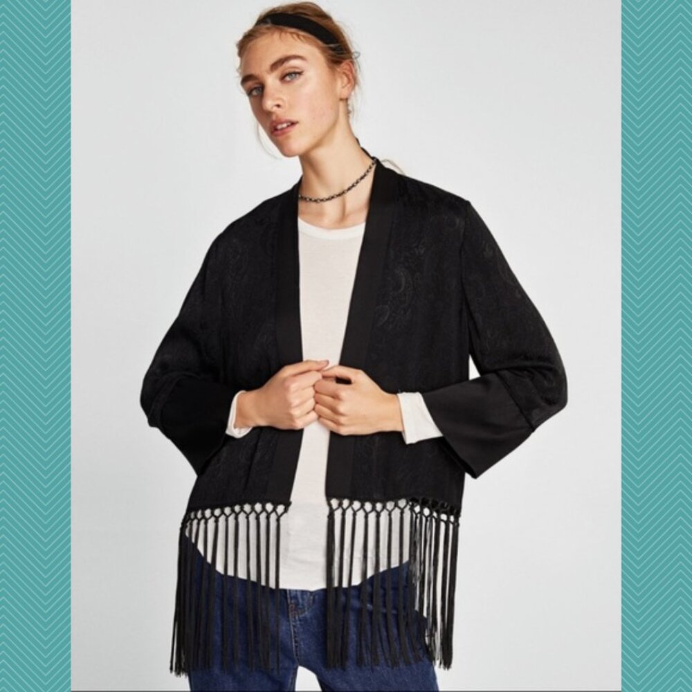 Zara Black Paisley Jacquard Open Fringe Kimono Cardigan